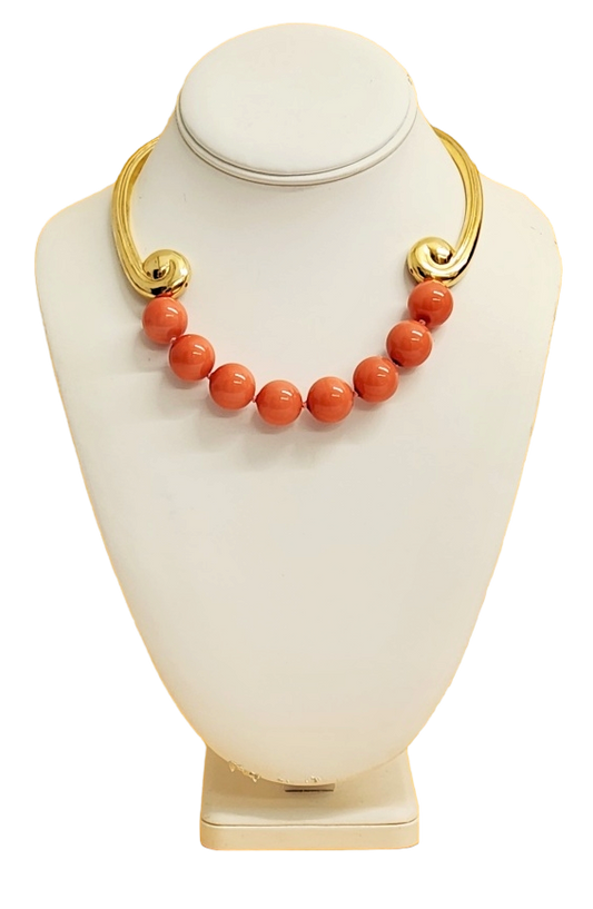 15" Gold With 16mm Coral Beads Hook Clasp Bib Necklace