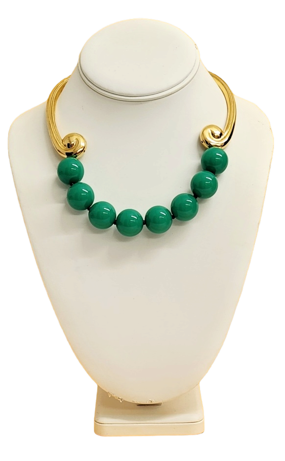 15" Gold With16mm Green Beads Bib Hook Clasp Necklace