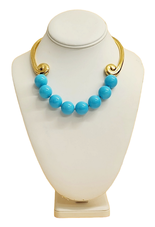 15" Gold With 16mm Turquoise Beads Bib Hook Clasp Necklace