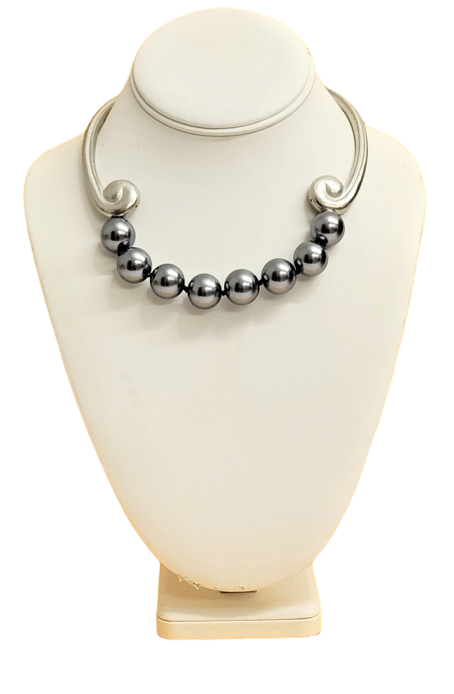 15" Rhodium With 16mm Grey Pearls Bib Hook Clasp Necklace