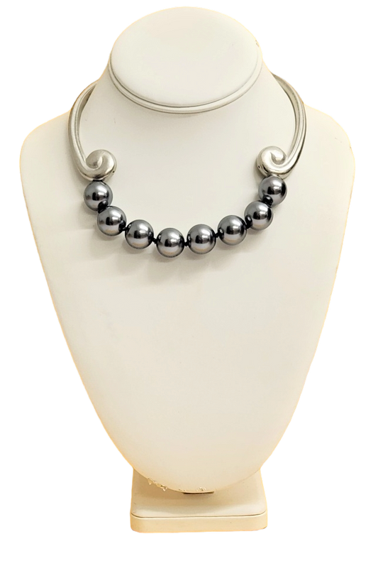 15" Rhodium With 16mm Grey Pearls Bib Hook Clasp Necklace