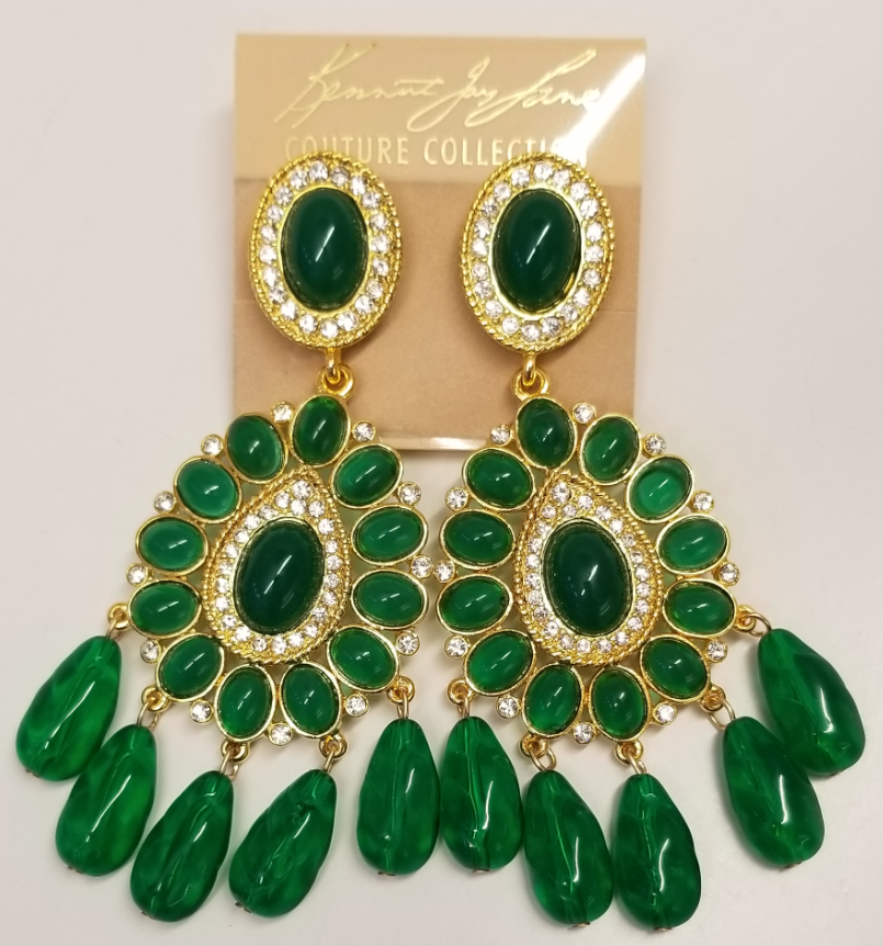 Gold- Crystal Emerald Cabachons Drops Clip Earring