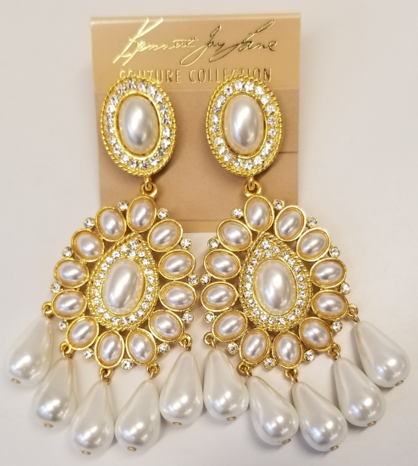 Gold Crystals And Pearl Drops Chandelier Clip Earring