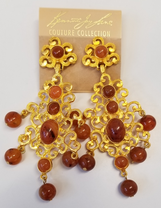 Gold Carnelian Drop Filagree Clip Earring