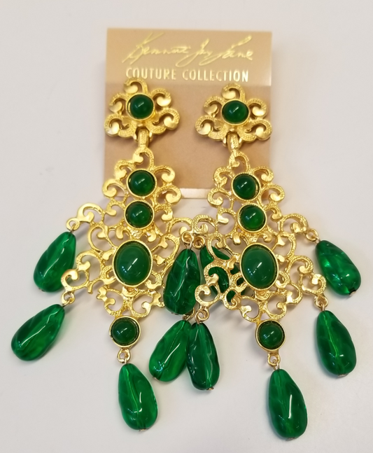 Gold- Emerald Drops Filagree Clip Earring