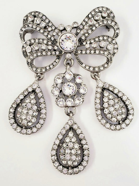3" 3 Drop Antique Silver and Crystal Bow Pin