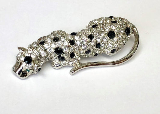 Silver and Crystal with Jet Spotted Leopard Pin