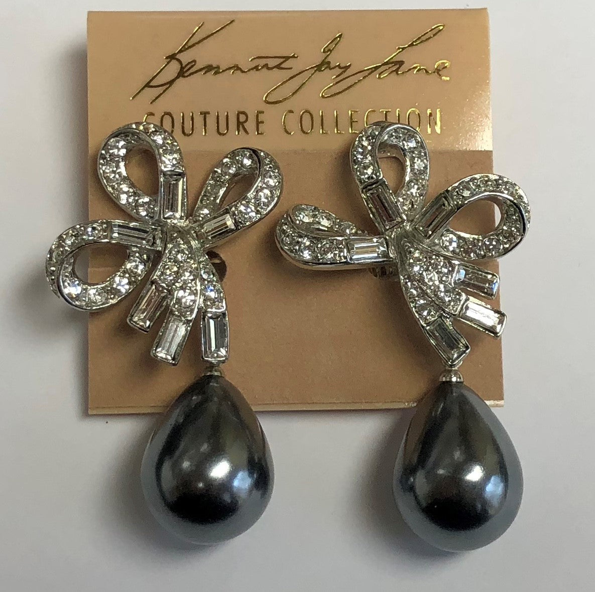 Rhodium Crystal Bow Top And Grey Pearl Teardrop Clip Earring