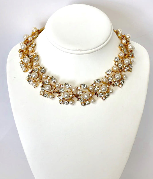 16" Gold Rhinestones And Pearl Vine Necklace
