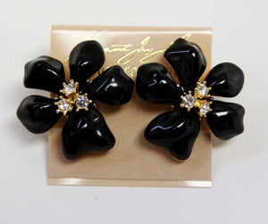 Black Flower With Crystal Center Clip Earring