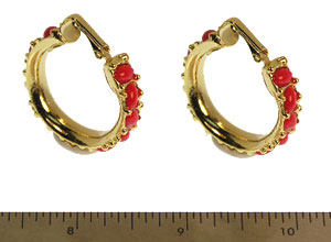 Small Gold and Dark Coral Cabachons Hoop Clip Earring