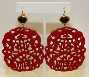 Black Top-Dark Coral Carved Drop Wire Earring