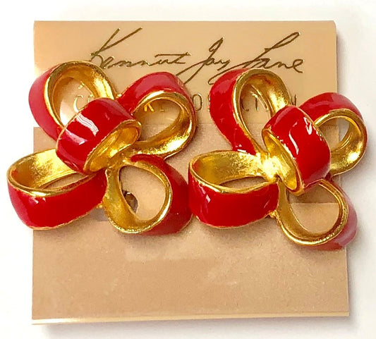 Gold Red Enamel Small Bow Clip Earring