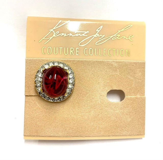 Gold Two Tone Crystal Setting Small Flawed Ruby Center Clip Earring