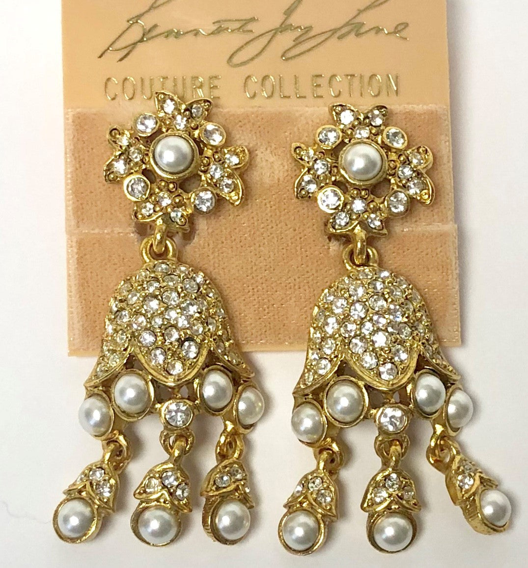 Gold Pearls And Crystals 1 Tier Drop Clip Earring