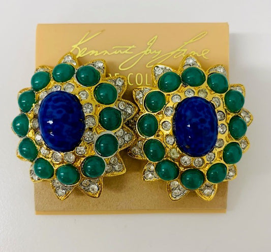 Emerald and Lapis Cabochon Clip Earring