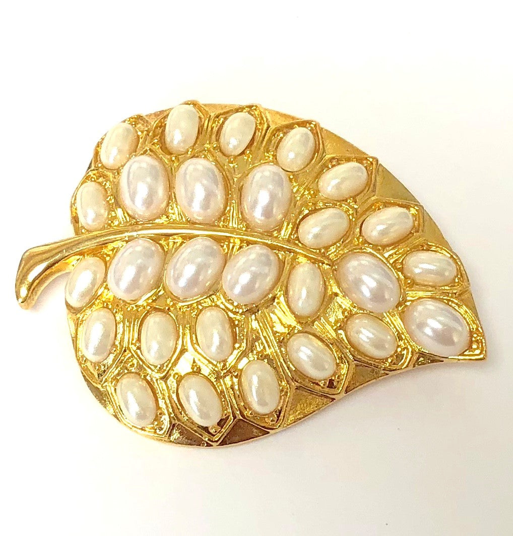 Gold With Pearls Leaf Pin