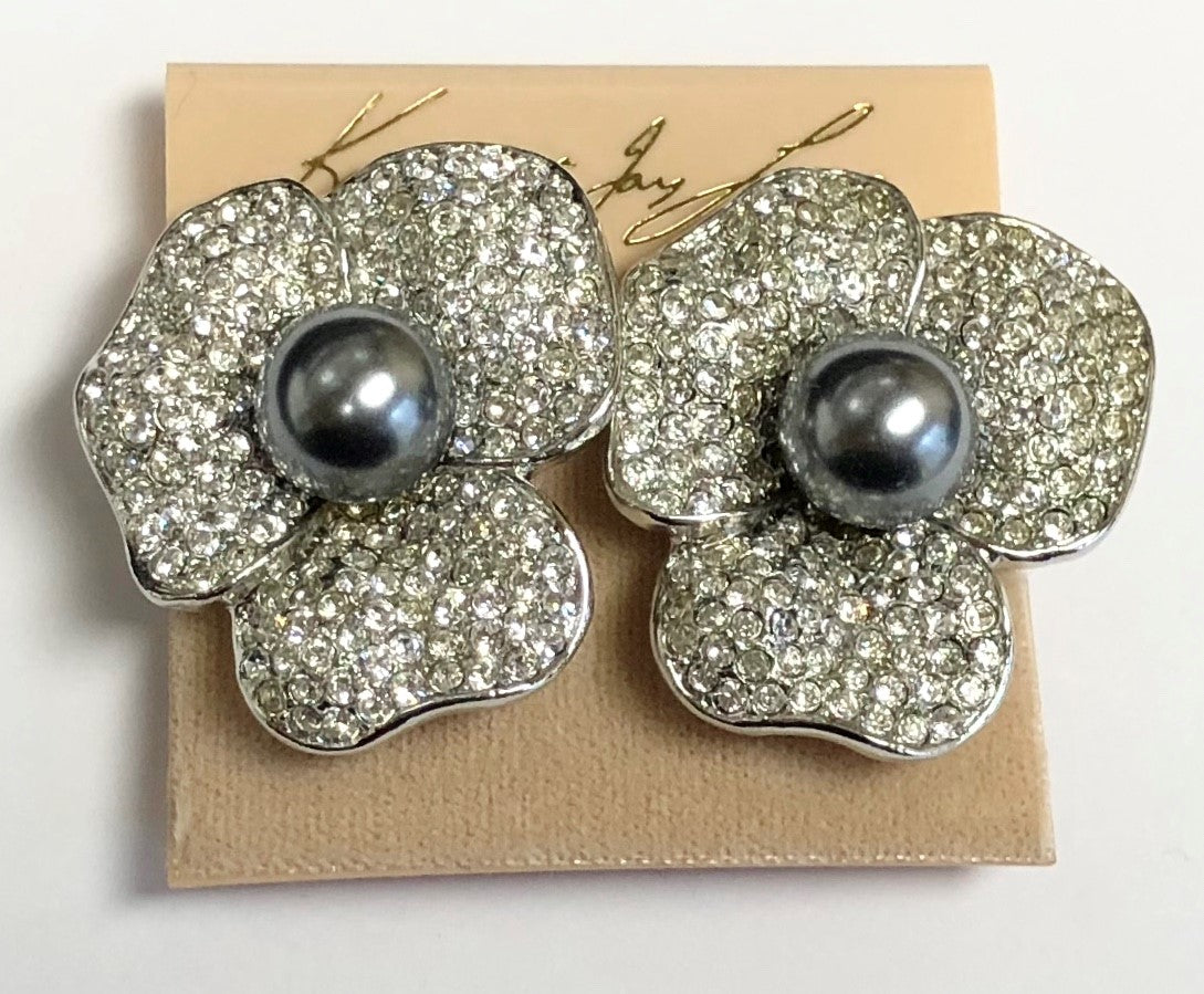 Rhodium Crystals And Grey Pearl Flower Clip Earring