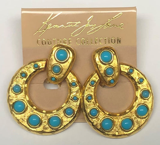 Gold With Turquoise Cabochons Doorknocker Clip Earring