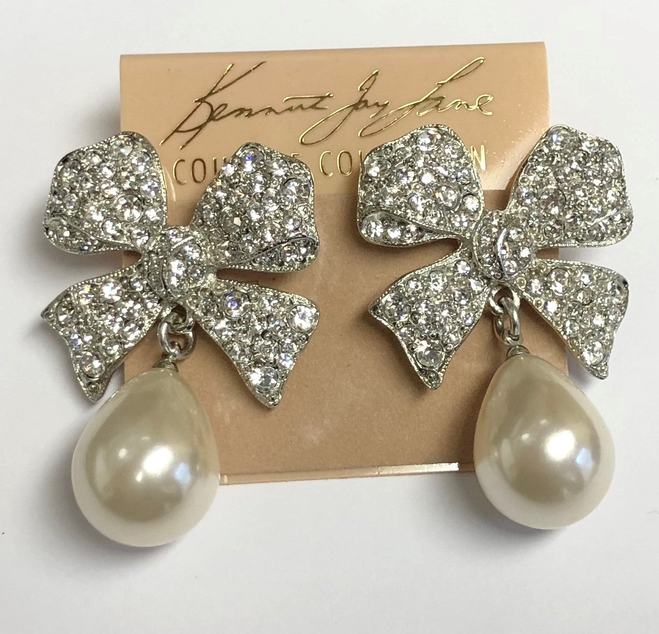 Rhodium Crystal White Pearl Drop Bow Pierced Earring