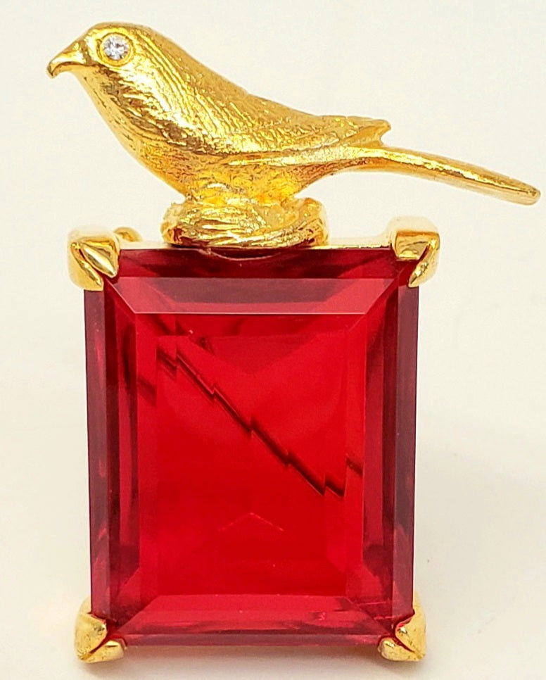 Gold Ruby Square Bird Pin