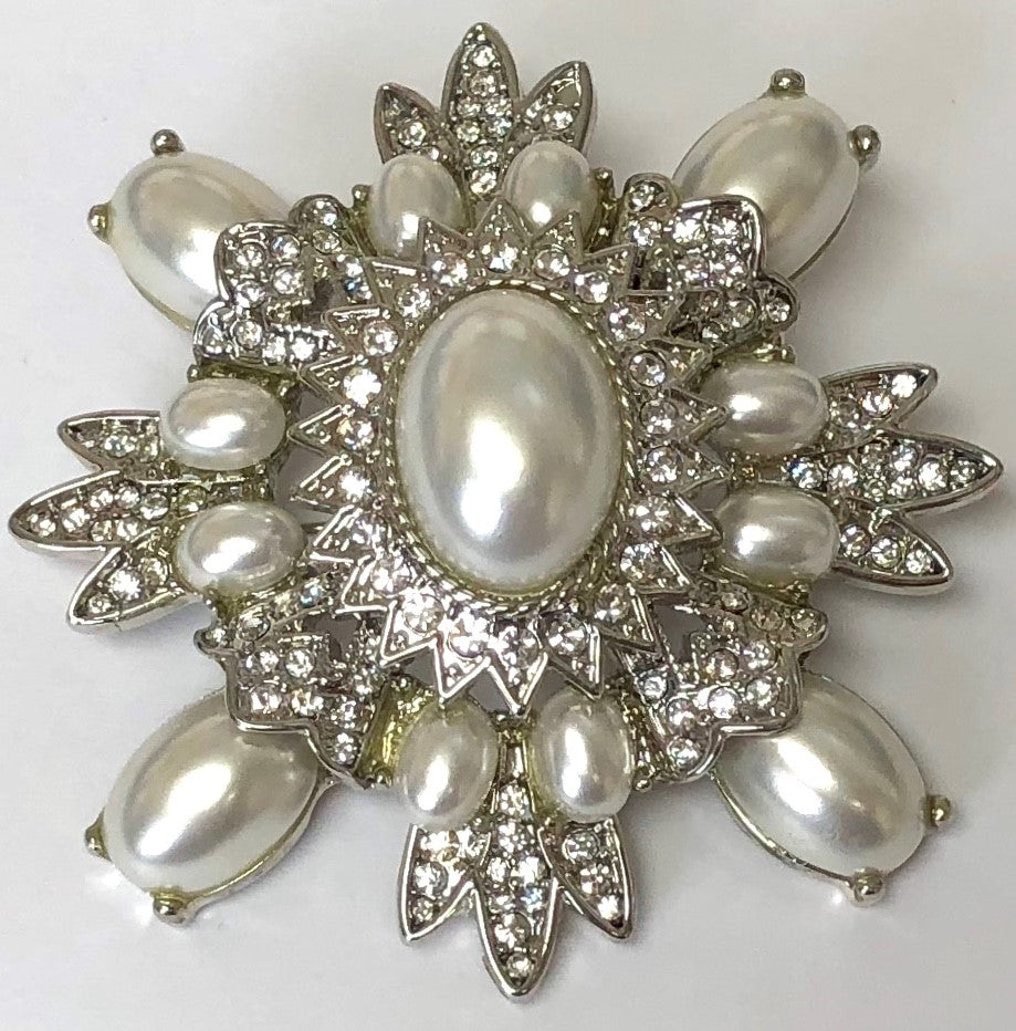 Silver With Crystals and Pearls Maltese Cross Pin