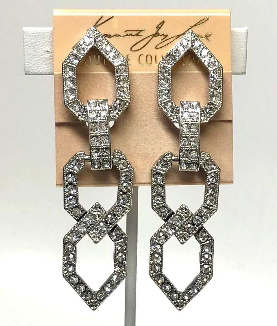 Rhodium Crystals Link Drop Clip Earring