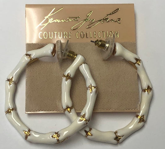 White Enamel Medium Bamboo Hoop Pierced Earring