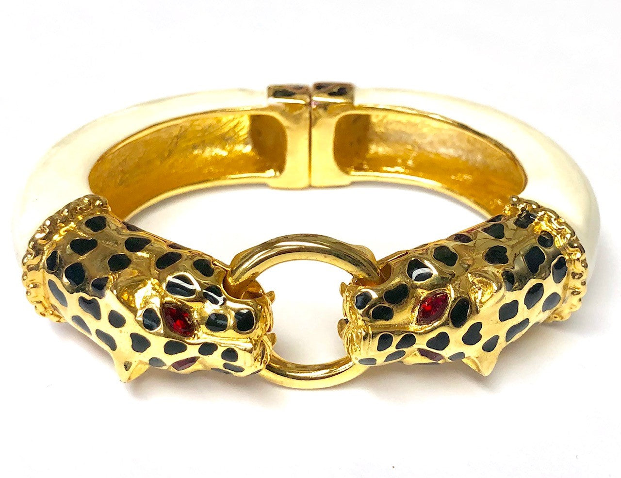 White Enamel gold Black Spots Double Leopard Head Bracelet