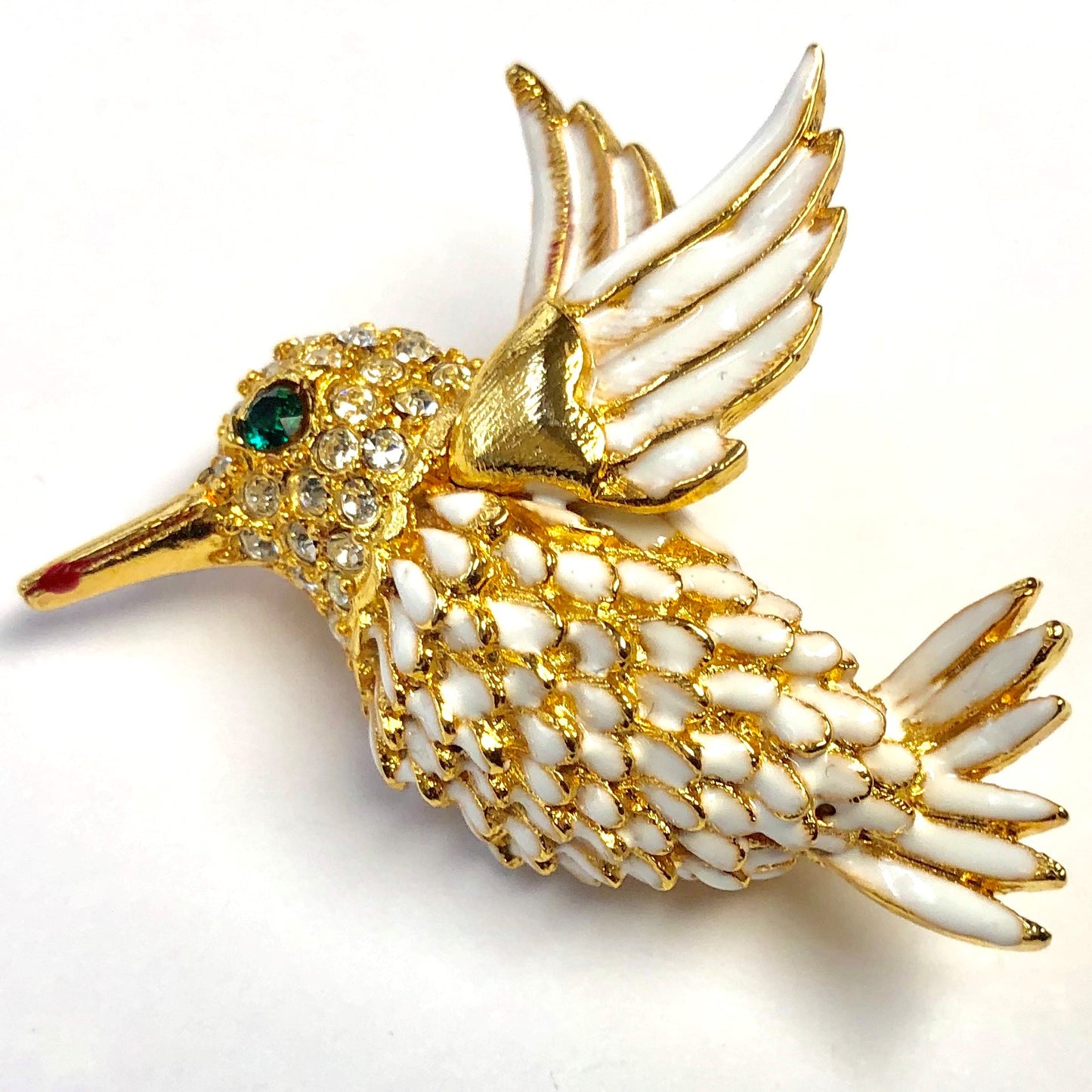 Gold White Enamel Humming-Bird Pin