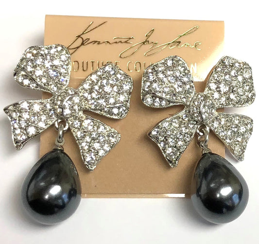 Rhodium Crystal Grey Pearl Drop Bow Pierced Earring