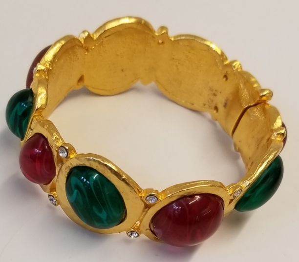 Satin Gold-Emerald-Ruby Hinged Bracelet