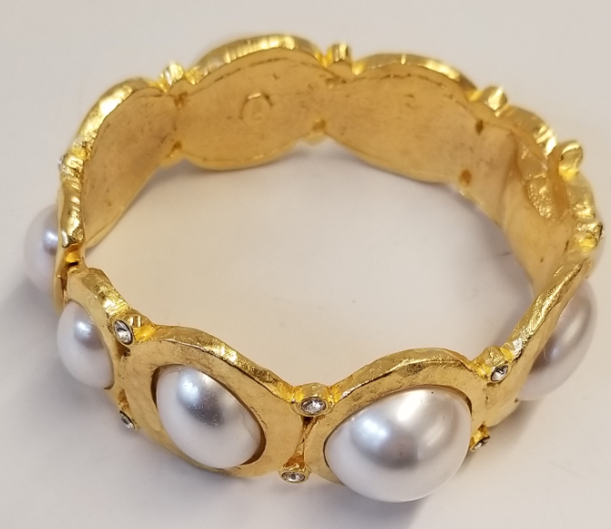 Satin Gold-White Pearl Hinged Bracelet