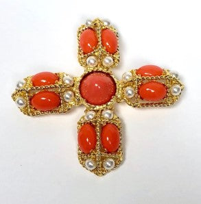 Gold and Coral Cross Pin