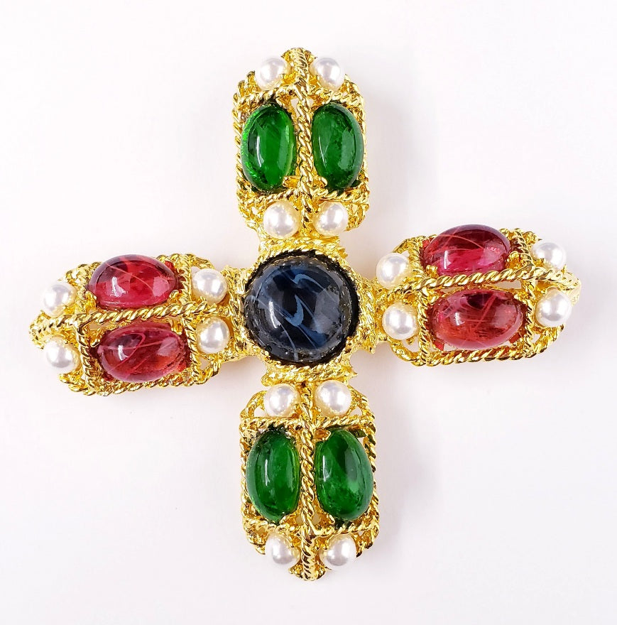 3 1-4"x3 1-4" Gold with Flaw Emerald, Ruby and Sapphire Center Stone Pearl Cross Pin