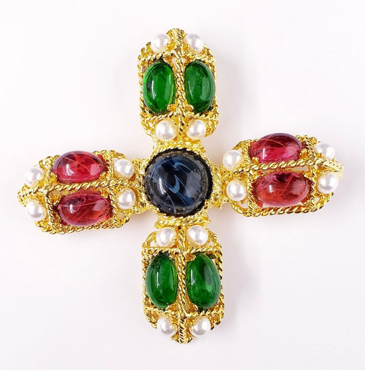 3 1-4"x3 1-4" Gold with Flaw Emerald, Ruby and Sapphire Center Stone Pearl Cross Pin