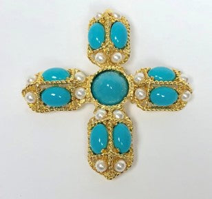 Gold and Turquoise Cross Pin