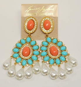 Coral And Turquoise Cabochon With Pearl Drops On Gold And Crystal Pierced Earring