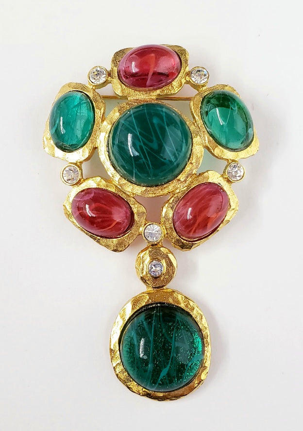 3" Satin Gold- Crystal Flaw Emerald- Flaw Ruby Cabochon Cluster Pin