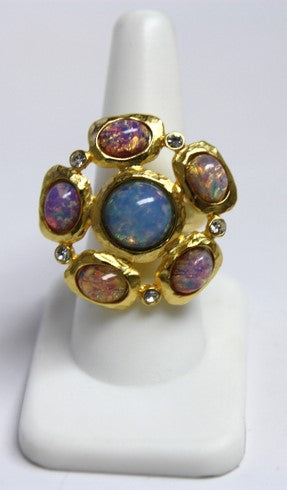 Satin Gold With Pink Opal And Crystal Cluster Ring