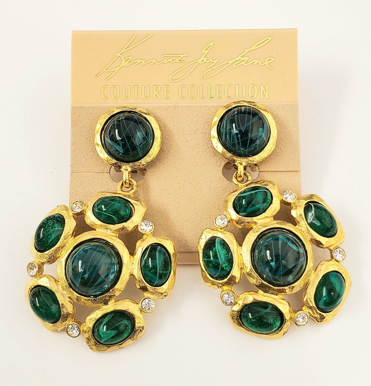 2" Satin Gold with Crystal Flawed Emerald Cabochons Drop Clip Earring