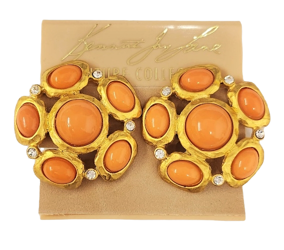 Satin Gold-Crystal Clip Earring with Coral Cabochons