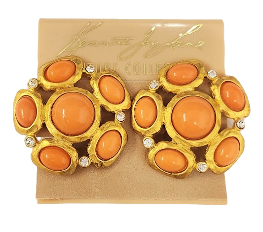 Satin Gold-Crystal Clip Earring with Coral Cabochons
