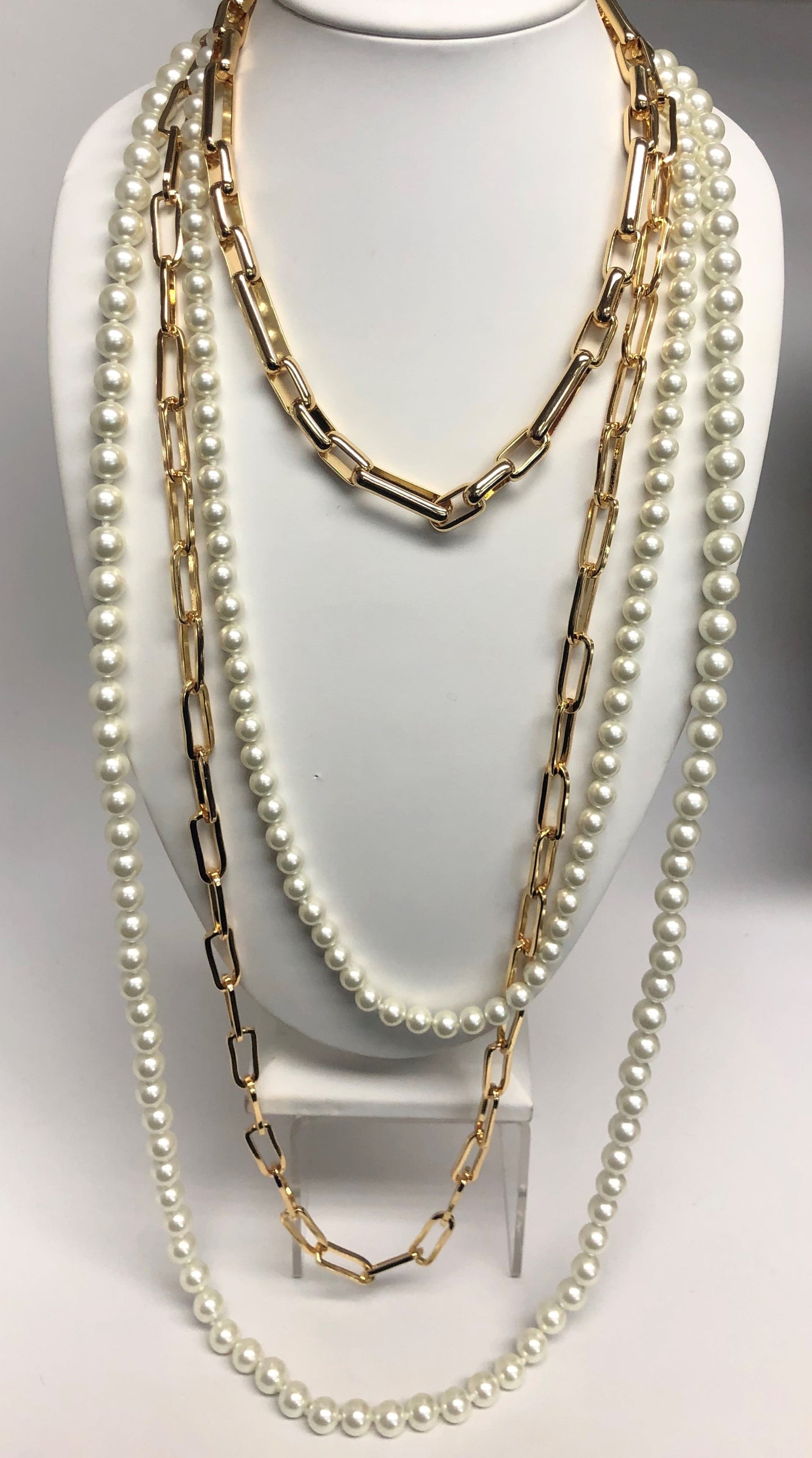 32" Gold Four Row Chain And Pearl Nested Necklace