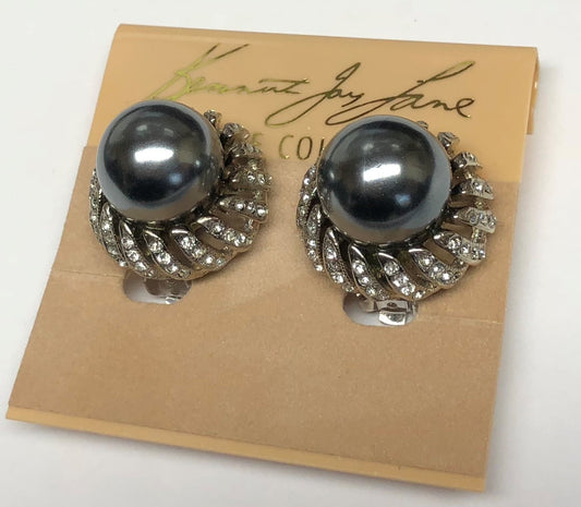 Rhodium Crystal Swirl Grey Pearl Clip Earring