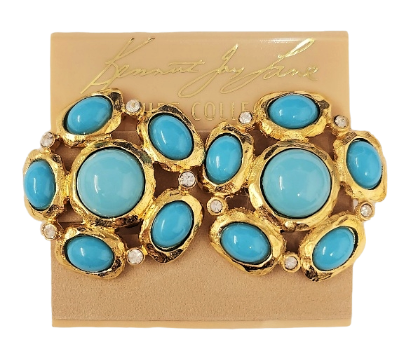 Satin Gold-Crystal Clip Earring with Turquoise Cabochons