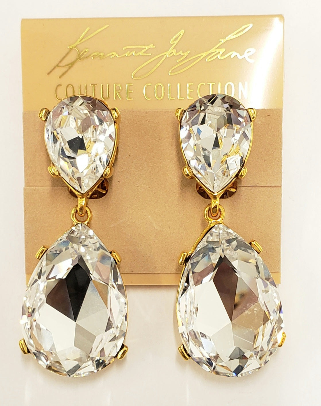 Gold- Crystal Double Teardrop clip earring