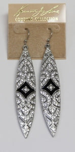 Rhodium Black Enamel And Crystal Fishhook Earring