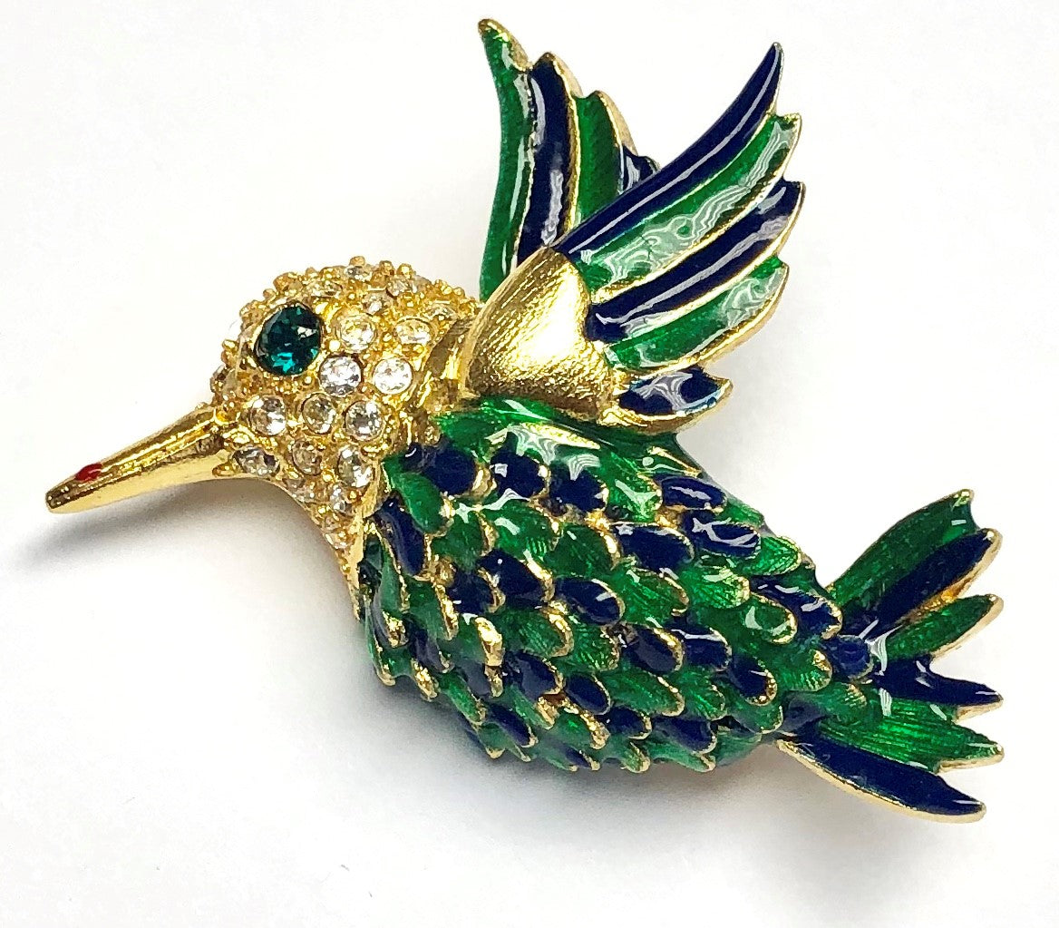 Gold Green And Lapis Enamel  Humming-Bird Pin