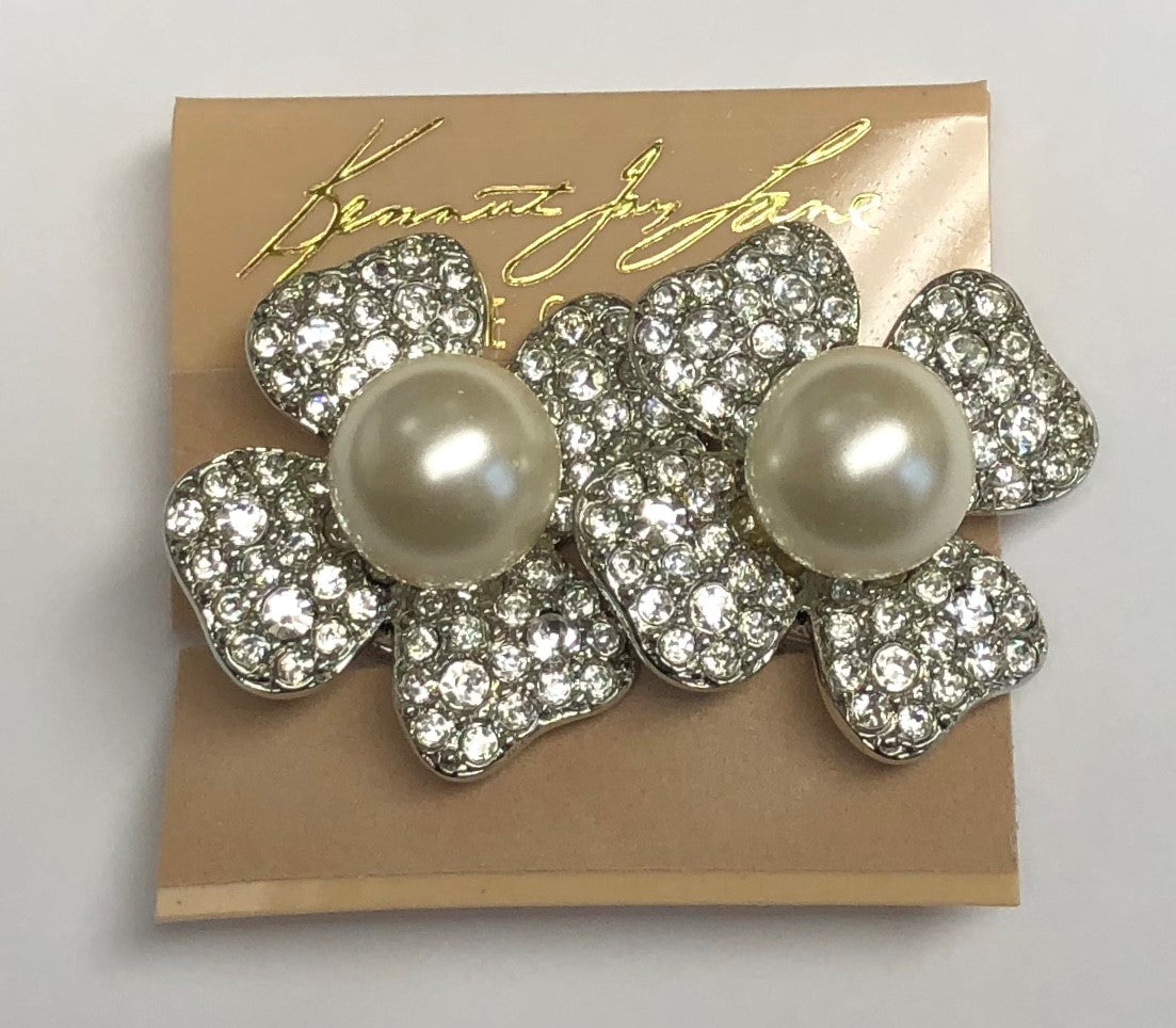 Rhodium Crystal Pearl Center Flower Clip Earring